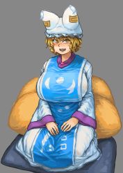 Rule 34 | 1girl, animal hat, blonde hair, blush, breasts, chanta (ayatakaoisii), dress, fang, fox tail, grey background, hands on lap, hat, highres, huge breasts, long sleeves, looking at viewer, mob cap, multiple tails, open mouth, pillow, seiza, short hair, simple background, sitting, sitting on pillow, slit pupils, smile, socks, solo, sweatdrop, tabard, tail, taut clothes, teeth, tongue, touhou, white dress, white socks, wide hips, wide sleeves, yakumo ran