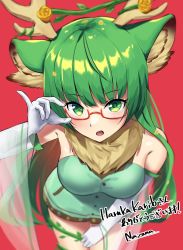 Rule 34 | absurdres, animal ears, antlers, blush, breasts, brown skirt, character name, commentary, elbow gloves, english commentary, gloves, green eyes, green hair, haruka karibu, highres, horns, indie virtual youtuber, leaning forward, medium breasts, moose ears, moose girl, nazuna (nazuna a2), open mouth, plant, red background, second-party source, skirt, solo, vines, virtual youtuber, white gloves