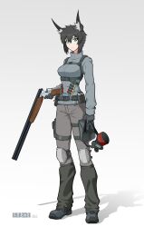 Rule 34 | 1girl, absurdres, animal ears, arbor spirit, artist name, black hair, blue eyes, breasts, double-barreled shotgun, expressionless, fox ears, gas mask, gun, highres, holding, holding gun, holding weapon, holster, knee pads, large breasts, long sleeves, looking at viewer, magazine (weapon), mask, unworn mask, original, shadow, shoes, short hair, shotgun, shotgun shell, solo, standing, tactical clothes, thigh holster, toz-34, weapon