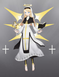 Rule 34 | 1girl, absurdres, barefoot, blonde hair, blue eyes, book, bright pupils, closed mouth, cross, dress, floating, floating book, floating object, greek cross, grey background, halo, highres, jiliang jiying yumao, jitome, long dress, long hair, nun, open book, original, solo, veil, white dress, white pupils