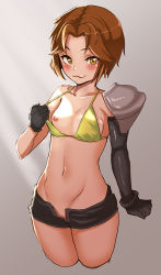 Rule 34 | 1girl, :3, bikini, bikini bottom aside, bikini top only, black gloves, blush, bonbakudan, breast slip, breasts, brown eyes, brown hair, clothing aside, elbow gloves, flat chest, gloves, groin, navel, nipples, no bra, no panties, one breast out, open clothes, open fly, open shorts, pulled by self, school girl strikers, short hair, short shorts, shorts, shoulder pads, single elbow glove, small breasts, solo, swimsuit, swimsuit aside, takamine ako, thighs, unzipped, yellow eyes