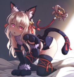 Rule 34 | 1girl, absurdres, all fours, animal ear fluff, animal ears, animal hands, bare shoulders, bell, black footwear, black gloves, black hairband, black leotard, black sleeves, black thighhighs, blush, breasts, cat ears, cat tail, commentary request, covered erect nipples, dangeroes beast (illya), detached sleeves, fake animal ears, fate/kaleid liner prisma illya, fate (series), fur collar, gloves, hair bell, hair between eyes, hair ornament, hair ribbon, hairband, hand on own hip, highres, illyasviel von einzbern, illyasviel von einzbern (beast style), jingle bell, kaleidostick, leotard, light brown hair, long sleeves, looking at viewer, magical ruby, nose blush, official alternate costume, open mouth, paw gloves, paw shoes, red eyes, red ribbon, ribbon, shoes, small breasts, solo, tail, tail ornament, tail ribbon, thighhighs, zongren