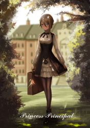 Rule 34 | 1girl, absurdres, ange (princess principal), bad id, bad pixiv id, black footwear, black pantyhose, blue eyes, blurry, boots, breasts, brown hair, building, closed mouth, commentary, copyright name, corset, day, depth of field, english text, hair between eyes, highres, holding, leaf, maple leaf, medium breasts, neck ribbon, outdoors, pantyhose, princess principal, ribbon, school uniform, shirt, skirt, solo, standing, suitcase, white shirt, white skirt, yurichtofen