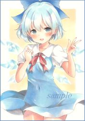 Rule 34 | 1girl, bad id, bad pixiv id, blue border, blue dress, blue eyes, blue hair, blush, border, bow, breasts, cirno, colored pencil (medium), cowboy shot, dress, hair bow, hand on own chest, hand up, looking at viewer, marker (medium), matching hair/eyes, open mouth, painting (medium), potto, potto (minntochan), puffy short sleeves, puffy sleeves, red ribbon, ribbon, sample watermark, short hair, short sleeves, small breasts, solo, touhou, traditional media, v, watercolor (medium), watermark, white background, wings, yellow background