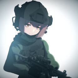 Rule 34 | 1girl, 3d, blender (medium), gun, h&amp;k mp5, head tilt, helmet, highres, holding, holding gun, holding weapon, light smile, looking at viewer, original, sidelocks, soldier, solo, submachine gun, weapon, yasuda genshou, yellow eyes