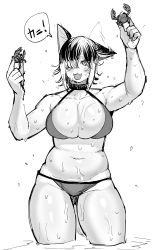 Rule 34 | 1girl, :3, animal ears, bad id, bad tumblr id, bare shoulders, bikini, blush, breasts, cat ears, commentary request, crab, dog ears, ear down, ear wiggle, elf-san wa yaserarenai., fang, greyscale, hair over one eye, hand up, highres, holding, huge breasts, looking at viewer, monochrome, one eye covered, raika (elf-san wa yaserarenai.), short hair, simple background, solo, speech bubble, standing, swimsuit, synecdoche, thick arms, wet, white background