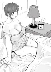 Rule 34 | 1girl, absurdres, alarm clock, arm support, bare shoulders, bed, bed sheet, bedroom, blanket, blush, breasts, cleavage, clenched teeth, clock, collarbone, commentary, doodle, earrings, greyscale, highres, indoors, jewelry, lampshade, large breasts, legs together, looking to the side, messy hair, monochrome, nightgown, nightstand, no bra, norman maggot, olive laurentia, original, pillow, pixie cut, short hair, sitting, sketch, sleepwear, sleepy, solo, strap slip, surprised, sweat, sweatdrop, teeth, under covers, waking up
