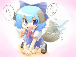 Rule 34 | 1girl, animal ears, bad id, bad pixiv id, blue hair, cirno, dog ears, dog tail, dress, female focus, full body, gradient background, kakkou, ribbon, short hair, solo, tail, tongue, touhou, white background, wings