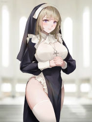 Rule 34 | 1girl, ankh, ascot, black dress, blunt bangs, blurry, blurry background, breasts, brown hair, chowbie, cowboy shot, depth of field, dress, frilled dress, frills, habit, highres, indoors, large breasts, long hair, long sleeves, nun, original, parted lips, pelvic curtain, purple eyes, smile, solo, thighhighs, thighs, two-tone dress, white ascot, white dress, white thighhighs