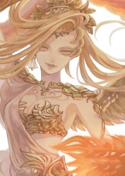 Rule 34 | 1girl, absurdres, azeyma, bandeau, breasts, chest tattoo, circlet, cleavage, collar, commentary, earrings, feathered wings, final fantasy, final fantasy xiv, floating hair, gem, head wreath, highres, inu kai tai, jewelry, laurel crown, long bangs, long hair, looking at viewer, metal collar, orange hair, sash, scared, simple background, single earring, smirk, solo, tattoo, upper body, white background, wings, yellow eyes