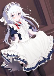 Rule 34 | 1girl, against wall, alternate costume, alternate hairstyle, apron, black thighhighs, blue dress, blue eyes, dress, dutch angle, enmaided, feet out of frame, frilled apron, frills, hibiki (kancolle), highres, kantai collection, long hair, looking at viewer, maid, maid headdress, neck ribbon, one side up, pantyhose, red ribbon, redrawn, ribbon, skirt hold, solo, standing, tachakan, thighhighs, white apron, white hair