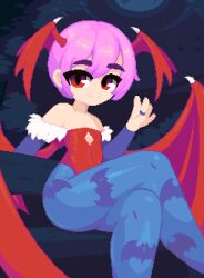 Rule 34 | 1girl, bench, cleavage cutout, clothing cutout, crossed legs, demon wings, detached sleeves, fang, flat chest, head wings, jewelry, leggings, leotard, lilith aensland, minimilieu, moon, night, outdoors, pink hair, pixel art, red eyes, ring, sitting, solo, thick eyebrows, tree, vampire (game), wings