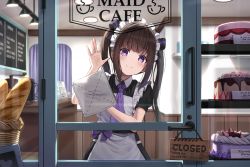 Rule 34 | 1girl, apron, baguette, black dress, black hair, black ribbon, blush, bread, cafe, cake, cleaning, closed mouth, commentary request, dress, food, glass door, hair ribbon, holding, indoors, long hair, looking at viewer, maid, maid cafe, maid headdress, menu board, necktie, original, purple eyes, purple necktie, ribbon, short sleeves, sidelocks, sign, smile, solo, superpig, twintails, white apron, wiping