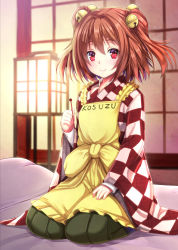 Rule 34 | 1girl, apron, bell, blush, checkered clothes, checkered shirt, clothes writing, commentary request, ebi 193, hair bell, hair ornament, highres, japanese clothes, jingle bell, kimono, lap pillow invitation, looking at viewer, mimikaki, motoori kosuzu, red eyes, red hair, seiza, shirt, sitting, smile, solo, touhou, twintails, two side up, wide sleeves