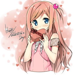 Rule 34 | 1girl, bare shoulders, blue eyes, blush, bow, box, brown hair, casual, covering own mouth, gift, hair bobbles, hair ornament, happy valentine, heart, heart-shaped box, kantoku (style), kudou naka, long hair, looking at viewer, one side up, original, pink hair, ribbon, sky-freedom, solo, upper body, valentine