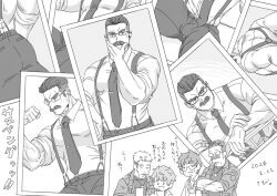 Rule 34 | 4boys, bara, blank stare, cowboy shot, facial hair, flexing, formal, glasses, goatee stubble, jitome, male focus, mature male, multiple boys, muscular, muscular male, mustache, necktie, old, old man, original, photo (object), sabita kan, standing, stubble, suspenders, thick eyebrows, thick mustache, translation request, upper body, wrinkled skin, yaoi