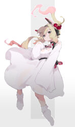 Rule 34 | 1girl, blonde hair, closed mouth, commentary request, dress, floating hair, full body, gradient background, grenade hair ornament, grey background, hair between eyes, headgear, highres, ikine tomeru, long hair, long sleeves, multicolored hair, no shoes, pink hair, red eyes, shinsougumi, sleeves past fingers, sleeves past wrists, socks, solo, twintails, two-tone hair, unitedunti, very long hair, virtual youtuber, white background, white dress, white socks