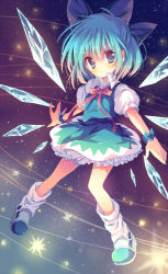 Rule 34 | 1girl, bad id, bad pixiv id, blue eyes, blue hair, blush, boots, bow, cirno, dress, female focus, full body, hair bow, matching hair/eyes, outstretched arms, puffy sleeves, reia, ribbon, short hair, short sleeves, smile, solo, touhou, wings, wrist ribbon