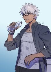 Rule 34 | 1boy, @ (symbol), archer (fate), archer (summer casual) (fate), artist name, black-framed eyewear, black pants, blue background, bottle, collarbone, collared shirt, dark-skinned male, dark skin, fate/grand order, fate/stay night, fate (series), glasses, gradient background, grey eyes, hikaru (asteriskring), holding, holding bottle, layered shirt, leaning back, male focus, open clothes, open shirt, pants, rectangular eyewear, ribbed shirt, shirt, simple background, smile, solo, spiked hair, sweat, tan, twitter username, water bottle, white hair