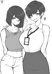 Rule 34 | ..., 2girls, absurdres, arm around back, arms behind back, artist name, bare shoulders, bob cut, breasts, collarbone, collared shirt, cowboy shot, crop top, desyana laurentia, glasses, grin, hand on another&#039;s shoulder, highres, id card, jewelry, lanyard, large breasts, looking at viewer, midriff, multiple girls, navel, necklace, norman maggot, office lady, olive laurentia, original, pants, pencil skirt, pixie cut, shirt, shirt tucked in, siblings, simple background, sisters, skirt, sleeveless, sleeveless shirt, smile, spoken ellipsis, swept bangs, tank top, tented shirt, white background, wing collar