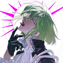 Rule 34 | 1boy, androgynous, ascot, black gloves, black jacket, bob cut, earrings, gloves, green hair, hair between eyes, half gloves, highres, jacket, jewelry, kukuish, lio fotia, looking at viewer, lower teeth only, male focus, open mouth, portrait, promare, purple eyes, short hair, solo, teeth, tongue, tongue out, upper body, upper teeth only, white ascot, white background