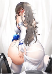 Rule 34 | 1girl, absurdres, ass, ass focus, azur lane, bare shoulders, black footwear, blue flower, blush, breasts, brown hair, covering privates, curtains, dress, elbow gloves, fingerless gloves, flower, from behind, futon fly away, gauntlets, gloves, hair between eyes, hair ornament, hair scarf, high heels, highres, holding, holding clothes, holding dress, huge ass, large breasts, long hair, looking at viewer, looking back, official alternate costume, parted lips, red eyes, saint-louis (azur lane), saint-louis (holy knight&#039;s resplendence) (azur lane), saint-louis (holy knight&#039;s resplendence) (azur lane), scarf, see-through, seiza, sitting, solo, sweat, thighhighs, white curtains, white dress, white gloves, white scarf, white thighhighs