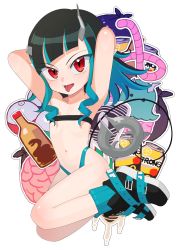 Rule 34 | 1girl, nanashi inc., armpits, belt bra, black hair, blue hair, blue panties, blue socks, brain, buren, commentary request, demon girl, demon horns, demon tail, eye of providence, fang, flat chest, full body, highleg, highleg panties, highres, horns, long hair, looking at viewer, multicolored hair, open mouth, panties, pointy ears, red eyes, shishio chris, snake wine, socks, solo, strong zero, sugar lyric, tail, tongue, tongue out, trash bag, two-tone hair, underwear, virtual youtuber, white background, worm