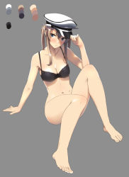 Rule 34 | 10s, 1girl, adjusting clothes, adjusting headwear, alternate costume, barefoot, black bra, blonde hair, blue eyes, blush, bottomless, bra, breasts, color guide, eight tohyama, full body, graf zeppelin (kancolle), grey background, hat, kantai collection, medium breasts, navel, peaked cap, simple background, sitting, solo, twintails, underwear