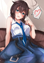 Rule 34 | 1girl, :d, arm behind back, bare shoulders, belt, belted skirt, black belt, blue eyes, blue necktie, blue skirt, blush, bow, braid, braided ponytail, breasts, brown hair, collared shirt, commentary request, cowboy shot, giraffe (ilconte), hair bow, hair flaps, hair over shoulder, hand on own chest, hand up, happy, heart, highres, indoors, kantai collection, leaning back, legs apart, long hair, long skirt, looking at viewer, medium breasts, necktie, official alternate costume, open mouth, red bow, shigure (kancolle), shirt, shirt tucked in, side ponytail, sitting, skirt, sleeveless, sleeveless shirt, small breasts, smile, solo, spoken heart, spread legs, translation request, white shirt