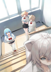 Rule 34 | 4girls, absurdres, ahoge, animal ears, black skirt, blonde hair, blue hair, blurry, blurry foreground, book, bow, bowtie, breasts, cleavage, closed eyes, closed mouth, collared shirt, elf, fox ears, grey eyes, hair between eyes, heart, heart ahoge, highres, holding, holding book, hololive, indoors, large breasts, lion ears, long hair, loose socks, medium hair, mikan (chipstar182), momosuzu nene, multiple girls, nepolabo, hugging object, omaru polka, open mouth, pointy ears, red bow, red bowtie, shirt, shishiro botan, shoes, short sleeves, skirt, socks, stairs, thighhighs, twintails, virtual youtuber, white hair, white shirt, white socks, white thighhighs, yellow eyes, yukihana lamy