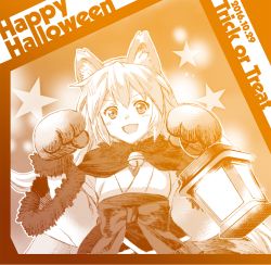 Rule 34 | &gt;:d, 1girl, 2016, :d, animal ears, animal hands, bad id, bad pixiv id, dated, fang, fox ears, fox tail, gloves, halloween costume, haori, happy halloween, japanese clothes, long hair, miko, monochrome, naka noboru, open mouth, orange theme, original, paw gloves, smile, solo, tail, trick or treat, v-shaped eyebrows, wide sleeves