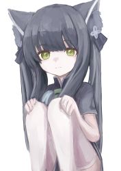 Rule 34 | 1girl, absurdres, animal ear fluff, animal ears, black dress, black hair, blue archive, bow, closed mouth, dress, feet out of frame, green bow, green eyes, hands on own knees, highres, knees up, light smile, long hair, looking at viewer, piennamekuzi, short sleeves, shun (blue archive), shun (small) (blue archive), simple background, solo, squatting, thighhighs, twintails, very long hair, white background, white thighhighs