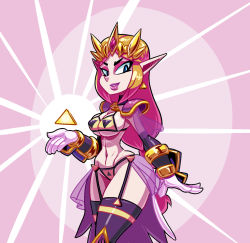Rule 34 | 1girl, armor, bikini, blonde hair, breasts, choker, cowboy shot, elbow gloves, garter straps, gloves, hand up, highres, jewelry, large breasts, light rays, navel, necklace, nevarky, nintendo, parted lips, pauldrons, pink background, pink lips, pointy ears, princess zelda, princess zelda (gashi-gashi), shoulder armor, skindentation, solo, swimsuit, the legend of zelda, thighhighs, tiara, triforce, triforce earrings, wrist guards