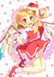 Rule 34 | 1girl, ascot, blonde hair, blush, bow, fang, flandre scarlet, hair bow, highres, looking at viewer, mary janes, no headwear, no headwear, open mouth, puffy short sleeves, puffy sleeves, red eyes, shirt, shoes, short sleeves, skirt, skirt set, smile, solo, touhou, vest, wings, wrist cuffs, yuimari