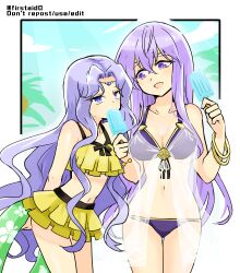 Rule 34 | 2girls, alternate costume, bare shoulders, blue eyes, breasts, circlet, cleavage, commentary request, fire emblem, fire emblem: genealogy of the holy war, fire emblem: thracia 776, food, holding, holding food, holding popsicle, julia (fire emblem), long hair, looking at another, medium breasts, multiple girls, narrowed eyes, nintendo, open mouth, popsicle, purple eyes, purple hair, sara (fire emblem), small breasts, stomach, swimsuit, thighs, yukia (firstaid0)