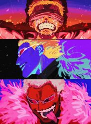 Rule 34 | 1boy, age progression, blonde hair, coat, crucifixion, crying, donquixote doflamingo, embers, feather coat, highres, inverted colors, ma doldol, male focus, one piece, open mouth, pink coat, pink shirt, scared, shirt, short hair, sunglasses, teeth, tongue, tongue out
