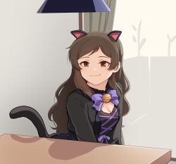 Rule 34 | 1girl, animal ears, bell, black dress, bow, bowtie, brown eyes, brown hair, cat ears, cat tail, cleavage cutout, closed mouth, clothing cutout, commentary, dress, idolmaster, idolmaster million live!, indoors, jingle bell, kamille (vcx68), kitazawa shiho, long hair, long sleeves, looking at viewer, neck bell, photo-referenced, purple bow, purple bowtie, sitting, smirk, solo, swept bangs, table, tail