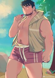 Rule 34 | 1boy, akiyama (aki11018655), arm hair, bara, bare pectorals, beach, beard stubble, belly, black hair, bulge, facial hair, fat, fat man, feet out of frame, highres, jitome, lifeguard, looking to the side, male focus, male swimwear, male underwear, male underwear peek, mature male, muscular, muscular male, navel, navel hair, open clothes, open shirt, original, pectorals, red male swimwear, sand, shirt, short hair, sideburns, sideways glance, sleeveless, sleeveless shirt, solo, standing, stomach, stubble, swim trunks, thick eyebrows, thighs, underwear, v-shaped eyebrows, whistle, whistle around neck, yellow male underwear