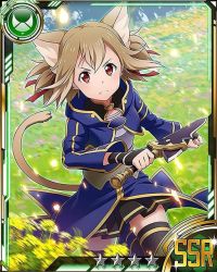 Rule 34 | 10s, 1girl, animal ears, armor, black skirt, black thighhighs, breastplate, brown hair, card (medium), cat ears, cat tail, day, field, flower, flower field, holding, holding knife, knife, looking at viewer, outdoors, pleated skirt, red eyes, short hair, silica, silica (sao-alo), skirt, solo, star (symbol), sword art online, tail, thighhighs, zettai ryouiki