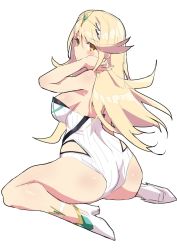Rule 34 | 1girl, alternate costume, bad id, bad twitter id, blonde hair, blush, boots, breasts, cleavage, gem, hair ornament, headpiece, highres, jewelry, kekemotsu, large breasts, long hair, looking at viewer, looking back, looking sideways, mythra (radiant beach) (xenoblade), mythra (xenoblade), nintendo, one-piece swimsuit, shy, simple background, smile, solo, swept bangs, swimsuit, tiara, very long hair, white background, xenoblade chronicles (series), xenoblade chronicles 2, yellow eyes
