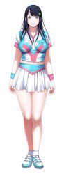 Rule 34 | 1girl, aqua eyes, black hair, breasts, full body, hair ornament, hairclip, highres, large breasts, long hair, looking at viewer, p/a ~potential ability~, pleated skirt, sei shoujo, shoes, simple background, skirt, smile, sneakers, socks, solo, sportswear, standing, takajou yuna, tennis uniform, transparent background, wristband