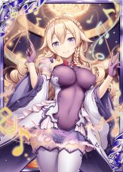 Rule 34 | 1girl, akkijin, conductor baton, blonde hair, braid, breasts, card (medium), dress, frilled skirt, frills, gloves, hands up, indoors, large breasts, long hair, looking at viewer, musical note, official art, purple dress, purple eyes, purple gloves, shinkai no valkyrie, skirt, stage, thighhighs