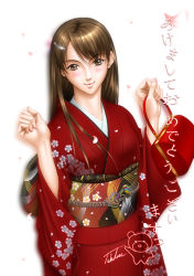 Rule 34 | 1girl, akeome, brown eyes, brown hair, hair ornament, hairclip, happy new year, japanese clothes, kimono, misaki yuu (misayou), new year, petals, solo