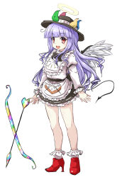 Rule 34 | 1boy, apron, black hat, blunt bangs, bow (weapon), commentary request, demon tail, fang, frilled skirt, frilled socks, frills, full body, grey skirt, halo, hat, highres, huyusilver, juliet sleeves, light purple hair, long hair, long sleeves, male focus, miniskirt, mrs. estacion, open mouth, oshiromi reshino, pale skin, puffy sleeves, red eyes, red footwear, shirt, simple background, skirt, smile, socks, solo, tail, trap, waist apron, weapon, white apron, white shirt, wings