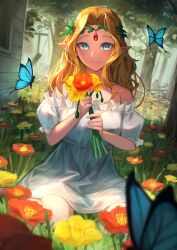 Rule 34 | 1girl, absurdres, bare shoulders, blonde hair, blue eyes, blush, breasts, bug, butterfly, closed mouth, collarbone, dress, elf, flower, hakusyokuto, highres, holding, holding flower, insect, long hair, looking at viewer, medium breasts, off-shoulder dress, off shoulder, original, parted bangs, pointy ears, seiza, short sleeves, sitting, smile, white dress