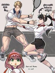 Rule 34 | 1boy, 2girls, ahoge, alternate costume, anya (spy x family), black hair, black shorts, blonde hair, breasts, collared shirt, commentary, earrings, english commentary, english text, foot out of frame, full body, gold earrings, green eyes, grey shorts, hairband, hairpods, hand up, headband, highres, holding tennis racket, jewelry, knee pads, long hair, long sleeves, medium breasts, medium hair, midriff peek, multiple girls, muscular, muscular male, open mouth, parted bangs, pink hair, ponytail, red eyes, red headband, shirt, shoes, short hair, short shorts, short sleeves, shorts, sneakers, sportswear, spy x family, sweatdrop, syachiiro, tennis, tennis uniform, twilight (spy x family), volleyball uniform, white footwear, white shirt, yor briar
