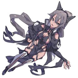 Rule 34 | 1girl, animal ears, bad id, bad pixiv id, bare shoulders, breasts, cancell, cleavage, clothing cutout, fake animal ears, grey eyes, grey hair, hand on own hip, highres, long hair, open mouth, original, shiny skin, shoulder cutout, simple background, sitting, smile, solo, tongue, twintails, very long hair, white background, white legwear
