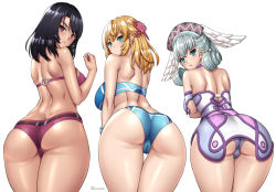 Rule 34 | 3girls, ass, bikini, black hair, blonde hair, cameltoe, cleft of venus, fiora (xenoblade), green eyes, hair ornament, head wings, huge ass, leaning, leaning forward, long hair, looking at viewer, melia antiqua, multiple girls, onomeshin, sharla (xenoblade), silver hair, simple background, swimsuit, take your pick, white background, wings, xenoblade chronicles (series), xenoblade chronicles 1