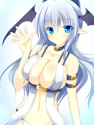 Rule 34 | 1girl, blue eyes, blue hair, blush, breasts, demon girl, head wings, large breasts, long hair, looking at viewer, luxuria, matching hair/eyes, navel, pixiv succubus, pointy ears, smile, solo, wings