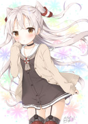 Rule 34 | 1girl, amatsukaze (kancolle), black neckwear, blush, brown dress, brown eyes, cardigan, choker, collarbone, commentary request, dress, floral background, garter straps, hair tubes, hand to own mouth, hand up, kantai collection, lifebuoy, long hair, long sleeves, looking at viewer, open cardigan, open clothes, parted lips, red thighhighs, sailor dress, short dress, sidelocks, signature, silver hair, skirt hold, sleeves past wrists, solo, standing, swim ring, thighhighs, two side up, uchuuneko, very long hair